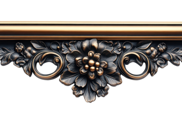 Ornate bronze floral carving with intricate details and elegant swirls design element on transparent background