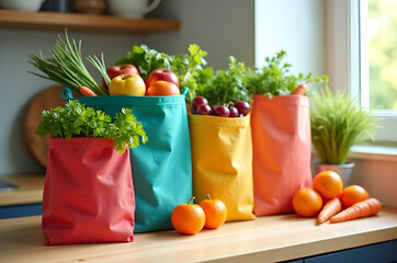 Colorful reusable produce bags filled with fresh fruits and vegetables on wooden kitchen counter
