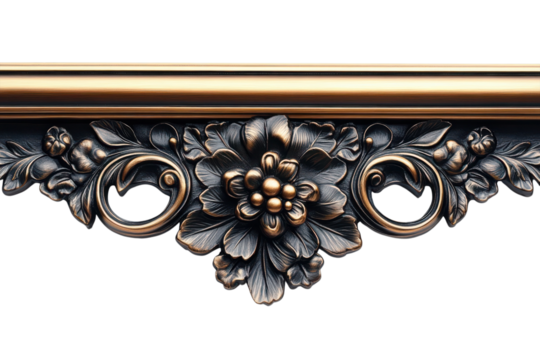 Ornate bronze floral carving with intricate details and elegant swirls design element on transparent background