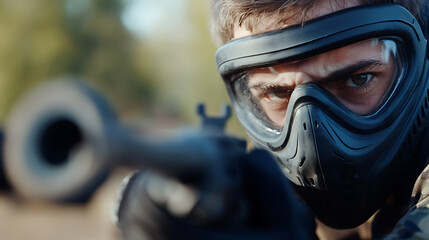 Fototapeta premium Focused player wearing protective mask holding gun up aiming with a serious expression, showing the intensity and concentration during paintball. Adventure time.