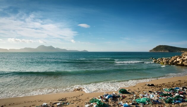 a serene image of the ocean and beach after being cleaned by volunteers - Powered by Adobe