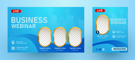 Modern Online Business Webinar Live Event Template. Dynamic blue gradient design for online events, speaker and registration included.