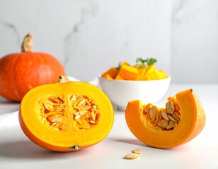 Fresh orange pumpkins, cut open, in a bowl