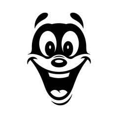 Stylized Black and White Cartoon Animal Face with Happy Expression