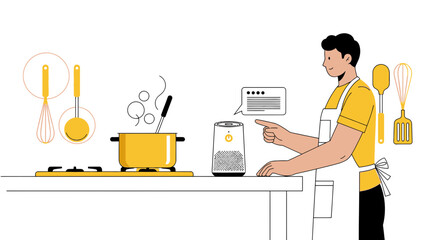 Smart kitchen integration illustration featuring a man using a voice assistant for cooking