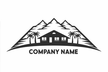 House silhouette nestles below mountain peaks and palm trees, ready for a company name