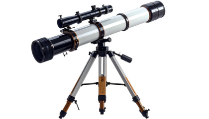 A detailed shot of a white & black telescope mounted on a tripod, ready for viewing