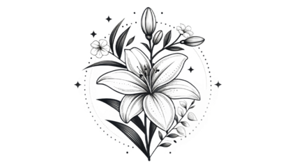 Detailed black and white lily flower illustration with decorative elements and a dotted border