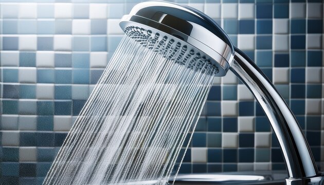 flowing water streams from a modern chrome shower head in a tiled bathroom