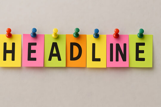 Headline text made from colorful sticky notes pinned on cork board, creative typography concept for news article or blog title, bright office stationery composition symbolizing announcement communicat