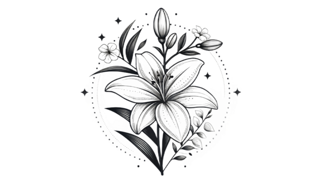 Detailed black and white lily flower illustration with decorative elements and a dotted border