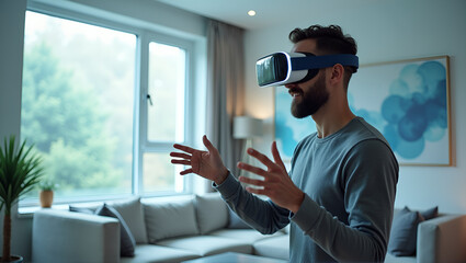 Adult man using modern VR headset in a minimalist living room