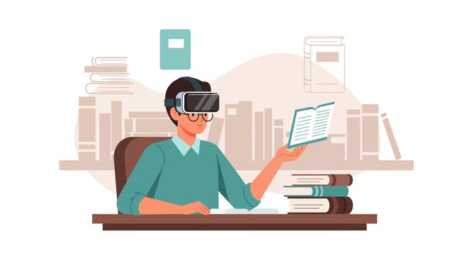 Virtual reality enhanced learning experience with books and modern technology concept - Powered by Adobe