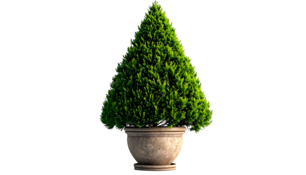 A neatly trimmed evergreen shrub shaped into a conical form, set in a decorative stone pot