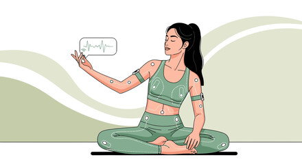 Woman meditating with advanced health monitoring technology for wellness and data analysis