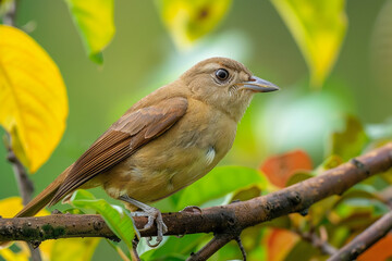 Fototapeta premium A charming little brown bird gracefully resting on a picturesque tree branch, perfect for capturing the beauty of nature and wildlife in a peaceful and serene setting 