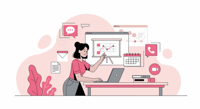 Woman working remotely from home with data charts and communication icons displayed in her workspace