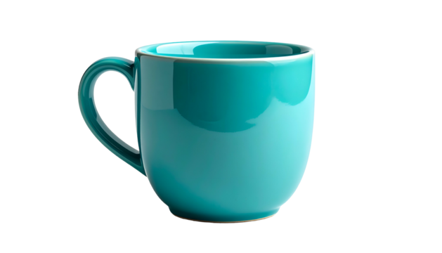 A teal ceramic mug with a curved handle sits against a black background, highly lit