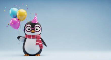 Happy birthday penguin with balloons and confetti. Suitable for greeting cards, invitations, and social media posts for birthday celebrations.