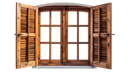 Rustic wooden window with open shutters and paneled glass reveals an unseen vista