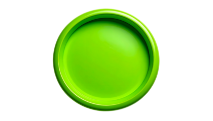 Glossy, vibrant green circular button with a raised outer ring, isolated on black