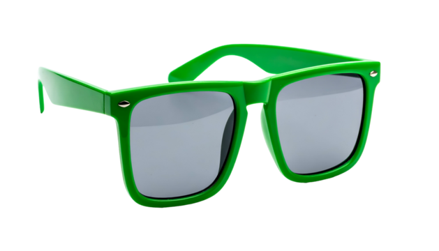A close-up studio shot of vibrant green sunglasses with gray lenses