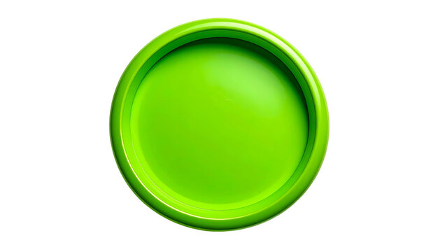 Glossy, vibrant green circular button with a raised outer ring, isolated on black
