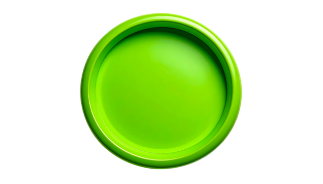 Glossy, vibrant green circular button with a raised outer ring, isolated on black
