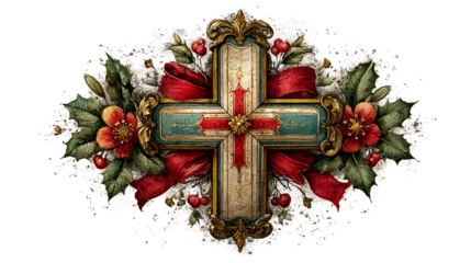 Ornate Cross with Floral Decorations and Red Ribbons for Celebrations