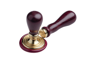 Two vintage-style, dark maroon wooden-handled, brass-trimmed, self-inking stamps, angled