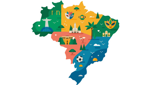 Colorful illustration of the Brazil map, showcasing the country's diverse regions and cultural landmarks.