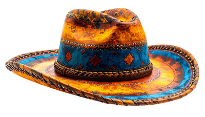 A decorative cowboy hat featuring bright colors and intricate patterns