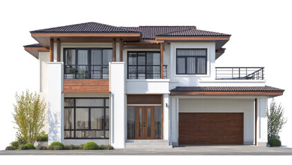 Modern, two-story home with Asian influences, featuring a light-colored exterior, dark trim, and wooden accents