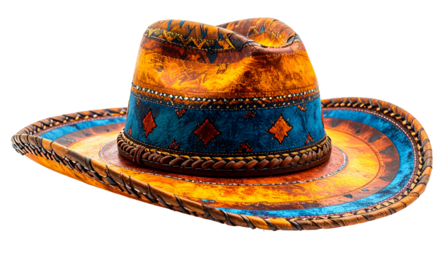 A decorative cowboy hat featuring bright colors and intricate patterns