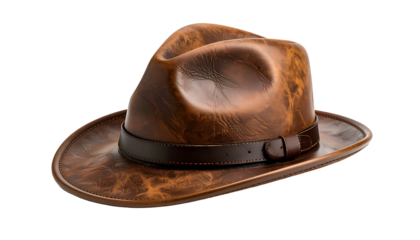 A detailed, isolated studio shot of a textured, brown leather fedora hat on a black background