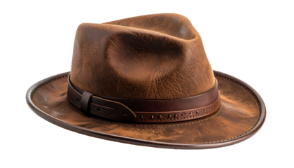 A close-up of a well-worn, brown fedora hat, showcasing textured leather and a leather band