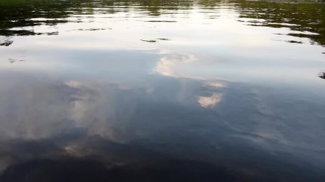 Close-up slider shot skimming across the glassy surface of a swamp, capturing intricate reflections of a muted sky nature, detail shot, patterns