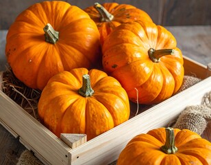 Fresh pumpkins in a wooden crate