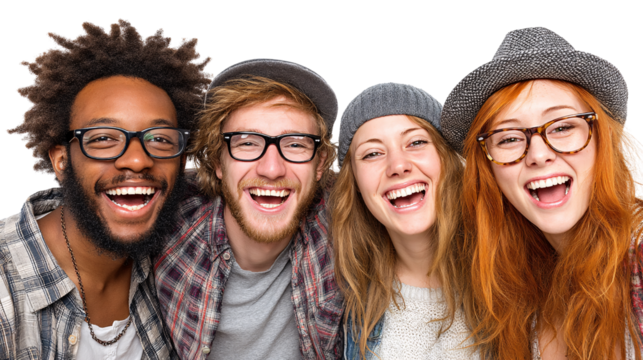 Happy Friends Smiling Together in Casual Outfits with Hats