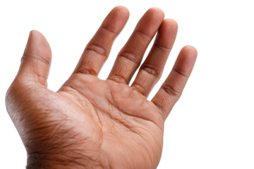 Close-up of a dark-skinned hand, palm facing outward.  Visible are prominent lines and texture on the skin.  Hand's five fingers are extended, slightly curved