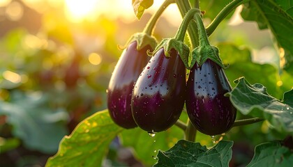 Fresh purple eggplants on vine, sunset glow