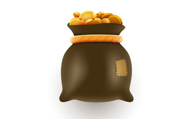 Old money bag with dollar sign and gold coins, symbolizing wealth, savings, and financial prosperity. Vector illustration.