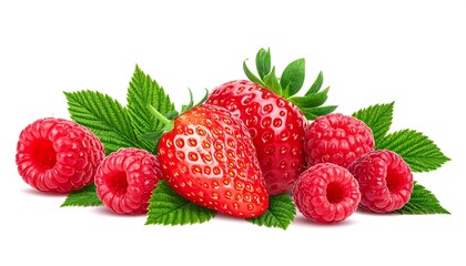 Fresh red berries, strawberries, and raspberries, with green leaves, on white background