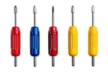 Five colored drill bits,  each with a shaft and a colored handle.  The handles are ribbed and cylindrical.  The shafts are long and slender, extending from the handles.  