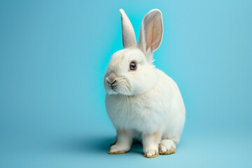 Obraz premium A charming white rabbit poses gracefully against a serene blue backdrop, exuding a sense of tranquility and innocence in this delightful image 
