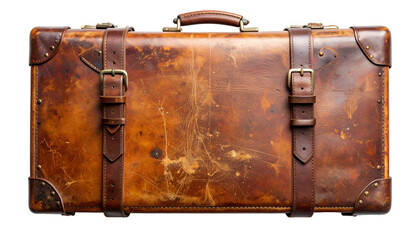 Weathered, vintage leather suitcase with straps and buckles, featuring a top handle and corner protectors