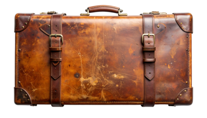 Weathered, vintage leather suitcase with straps and buckles, featuring a top handle and corner protectors