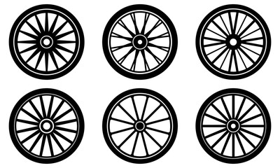 Illustration of six black and white wagon wheels with varying spoke counts in a grid arrangement