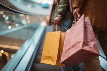 Shopping at the mall with colorful bags in hand during a busy afternoon with friends and family enjoying their time together