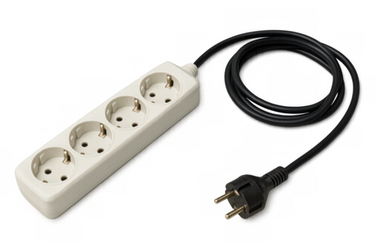 Power strip with multiple sockets and plug providing electricity extension, isolated on transparent background